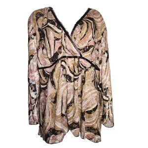 Lane Bryant Top Womens Plus Size 26/28 Tan Pink Black Lace Lined Bell Sleeve